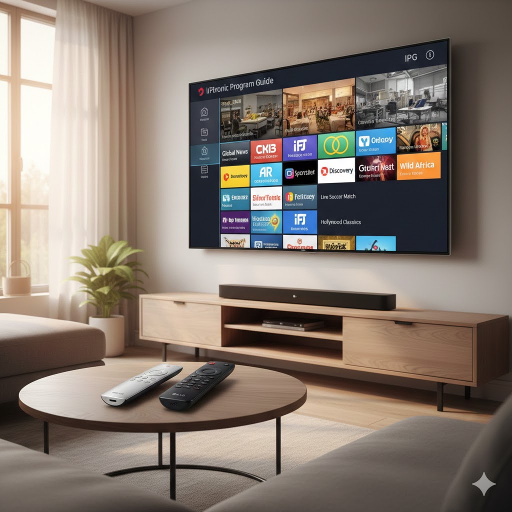 A modern living room showing a Smart TV interface with IPTV apps installed